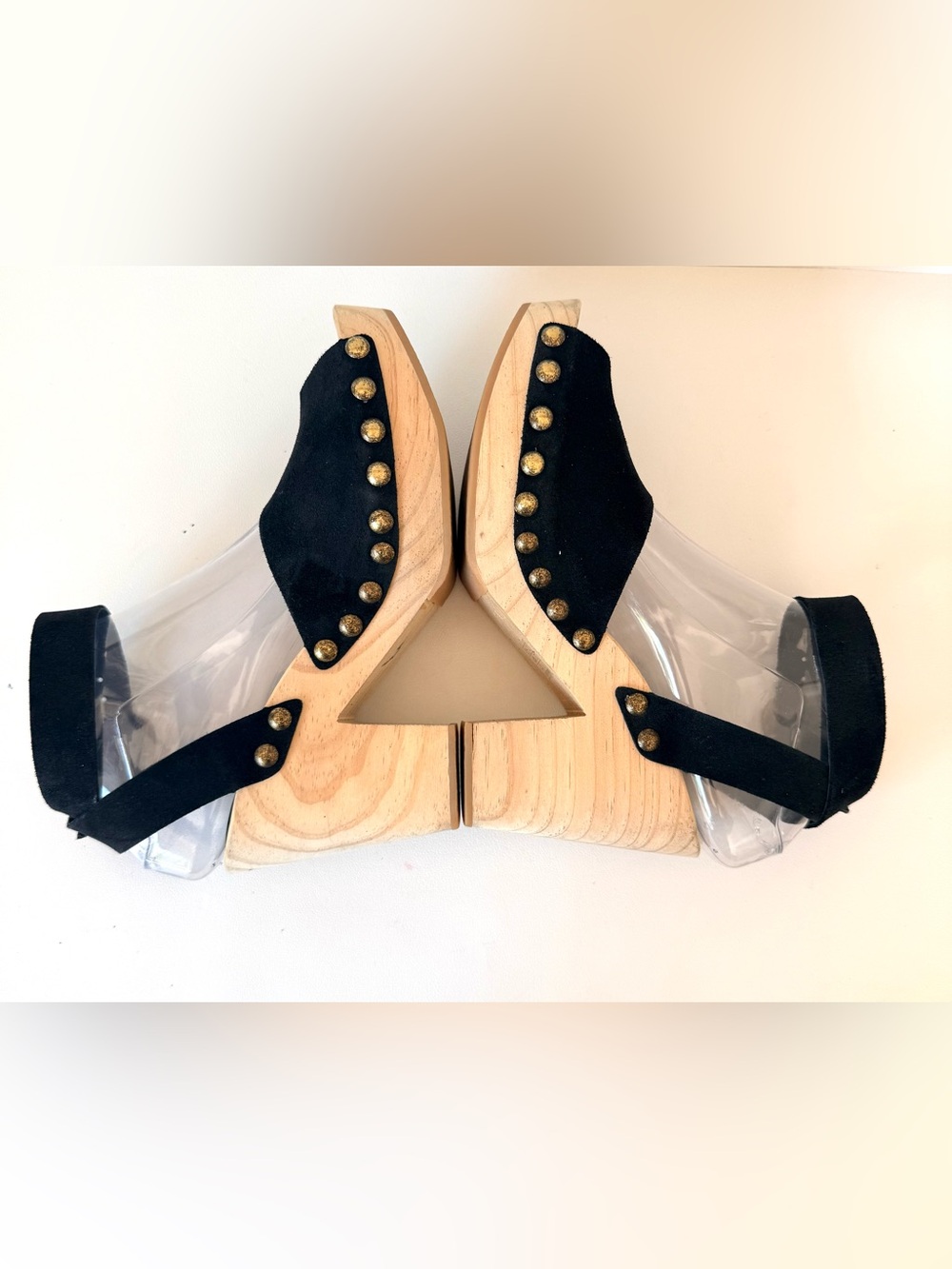 Free People Pasadena Clogs Black Suede Studded Wooden Platform Sandals Peep Toe - Picture 12 of 16
